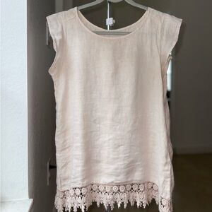 TERZO MILLENNIO ITALY Blush Pink Linen top Blouse with embroidered Hem Size M